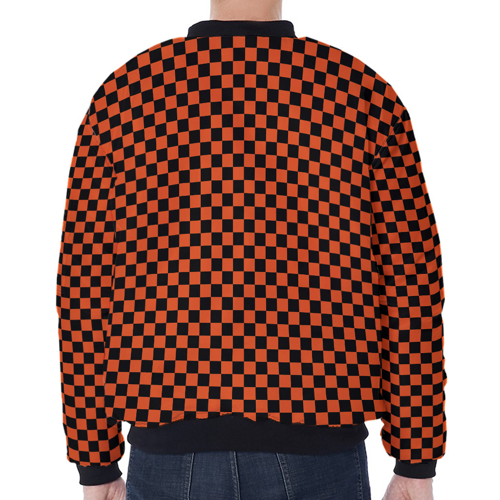 Orange And Black Checkered Pattern Print Zip Sleeve Bomber Jacket