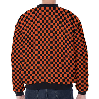 Orange And Black Checkered Pattern Print Zip Sleeve Bomber Jacket