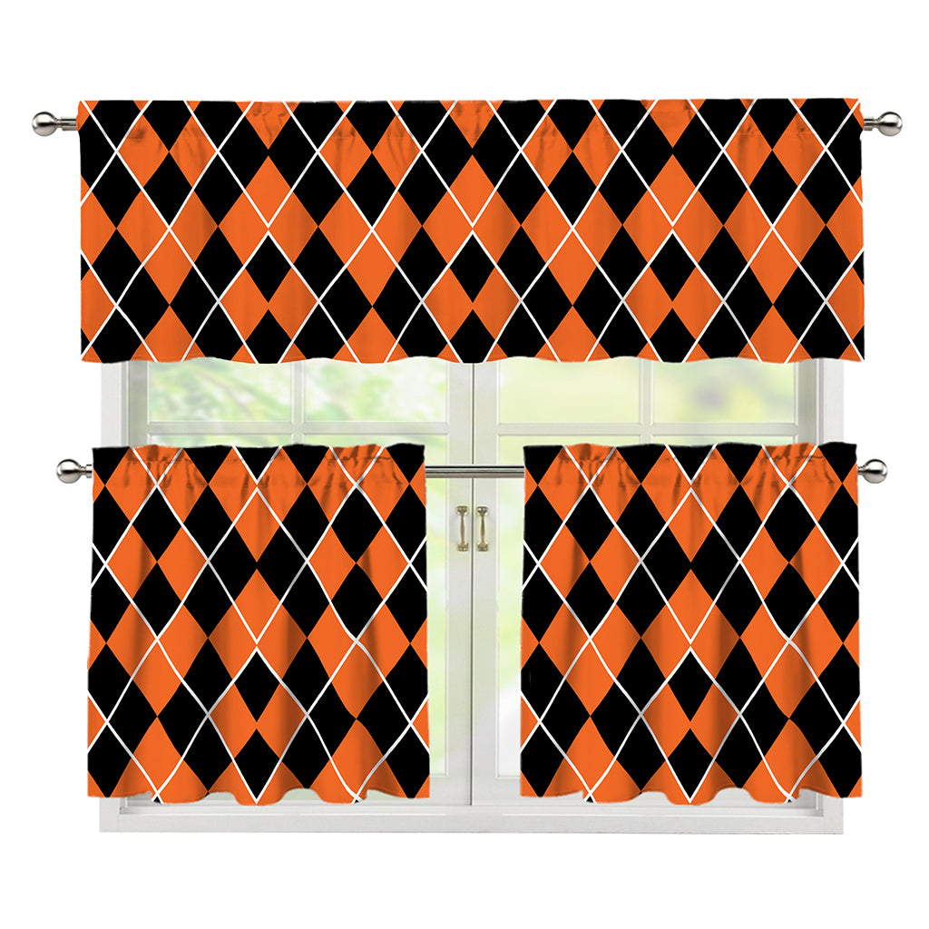 Orange And Black Halloween Argyle Print 3 Piece Kitchen Curtains
