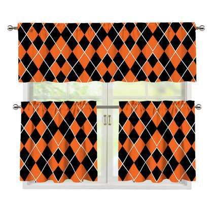 Orange And Black Halloween Argyle Print 3 Piece Kitchen Curtains