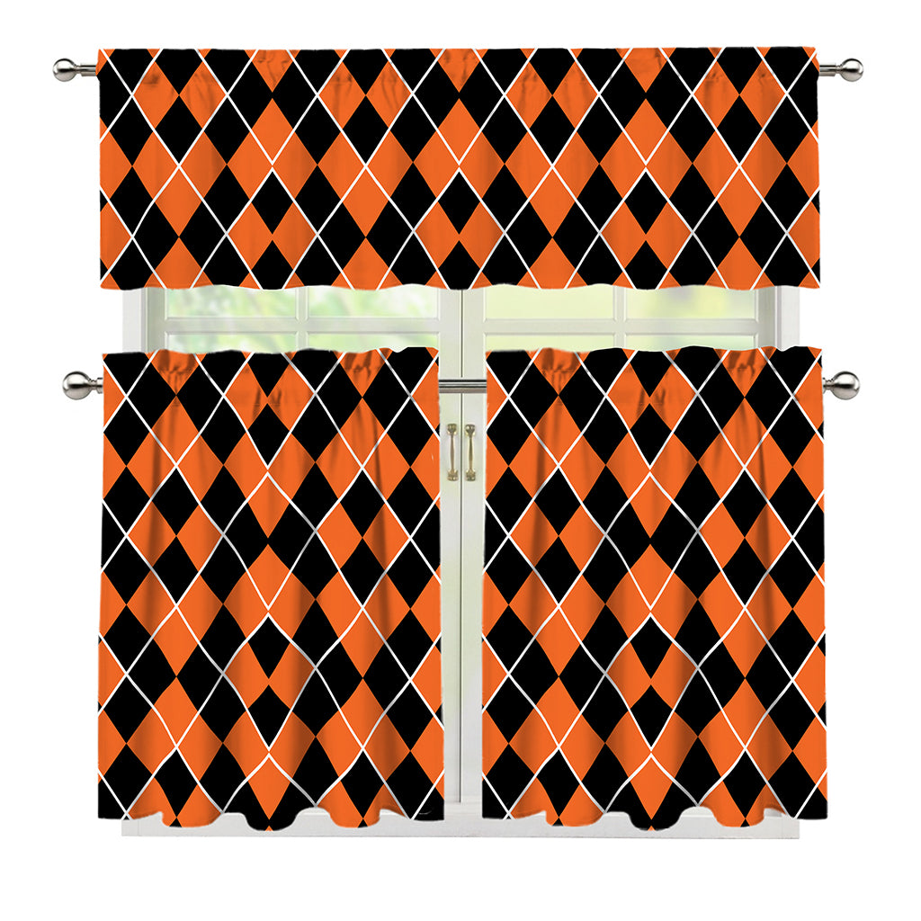 Orange And Black Halloween Argyle Print 3 Piece Kitchen Curtains