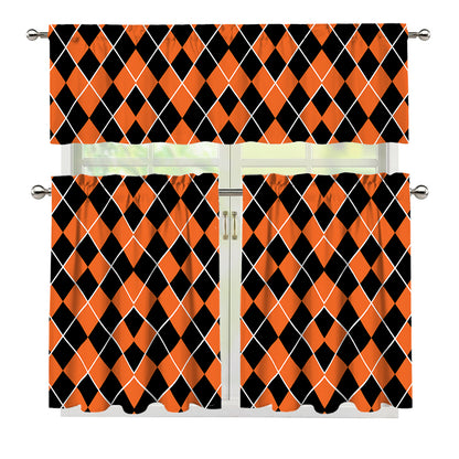 Orange And Black Halloween Argyle Print 3 Piece Kitchen Curtains