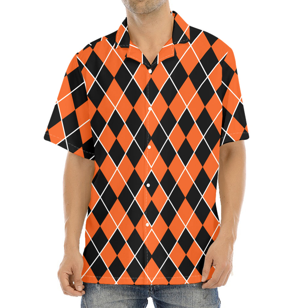 Orange And Black Halloween Argyle Print Aloha Shirt
