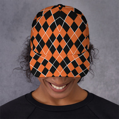 Orange And Black Halloween Argyle Print Baseball Cap