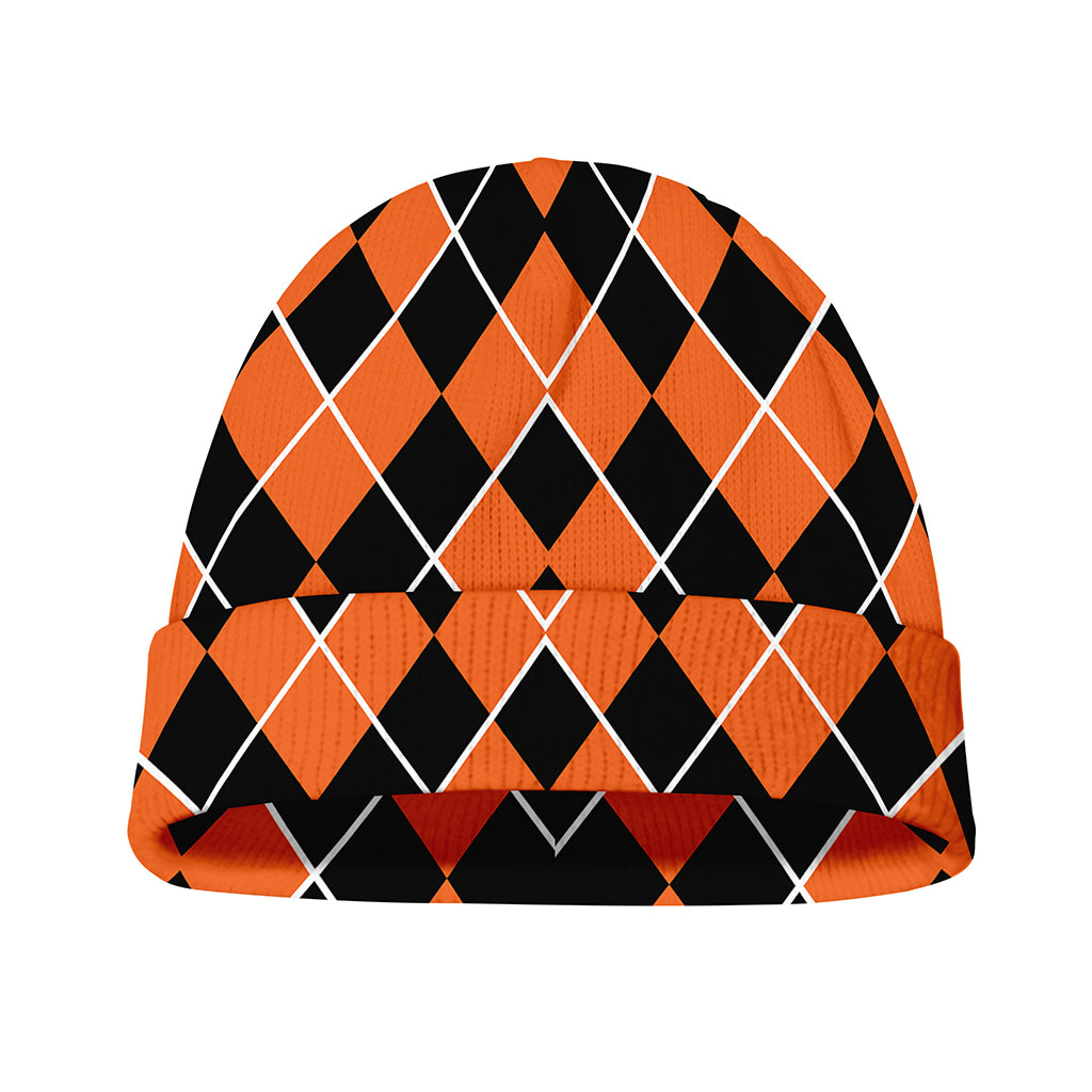 Orange And Black Halloween Argyle Print Beanie