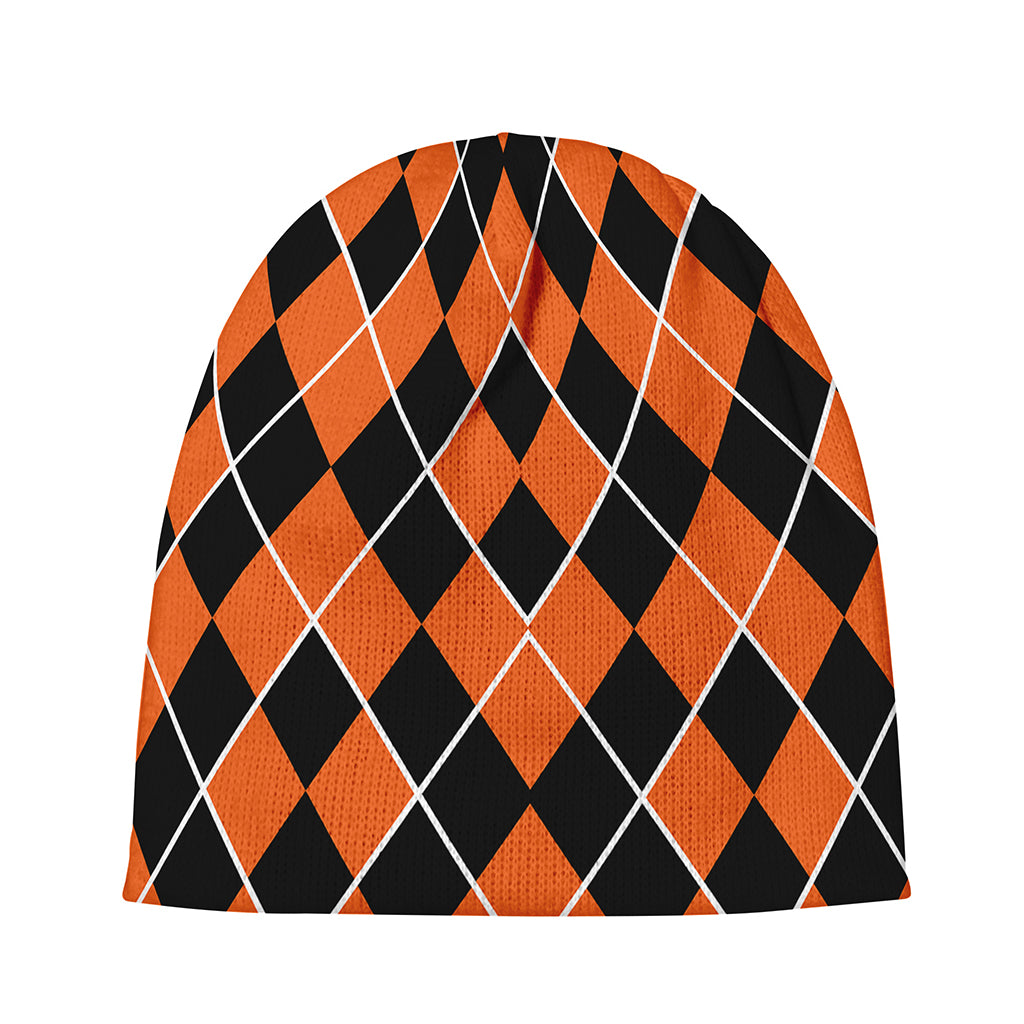 Orange And Black Halloween Argyle Print Beanie
