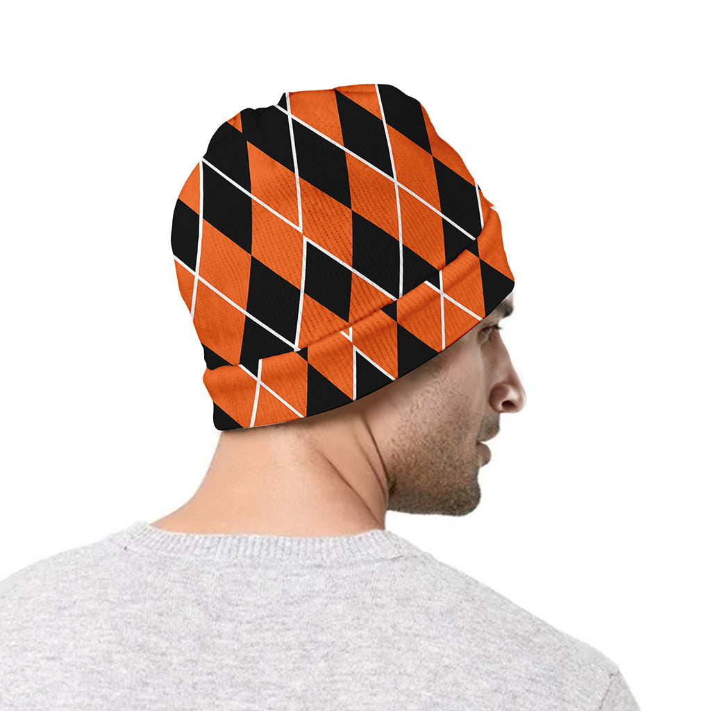 Orange And Black Halloween Argyle Print Beanie