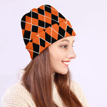 Orange And Black Halloween Argyle Print Beanie