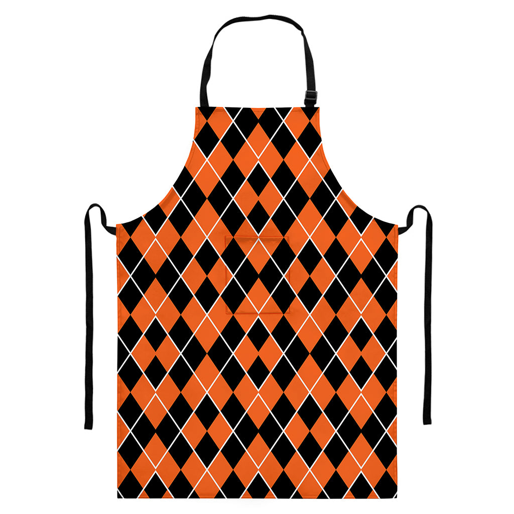 Orange And Black Halloween Argyle Print Bib Apron With Pocket