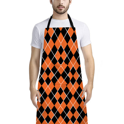 Orange And Black Halloween Argyle Print Bib Apron With Pocket