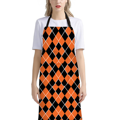 Orange And Black Halloween Argyle Print Bib Apron With Pocket