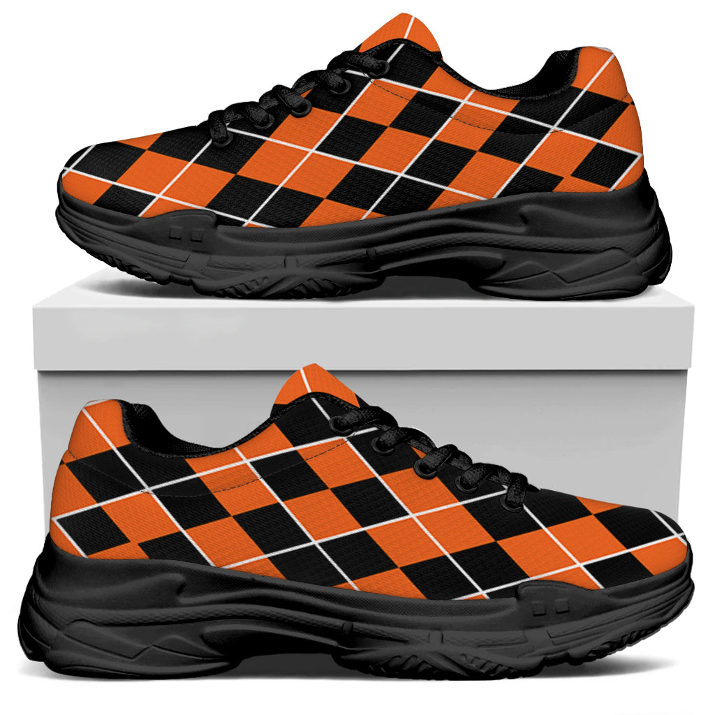 Orange And Black Halloween Argyle Print Black Chunky Shoes