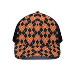 Orange And Black Halloween Argyle Print Black Mesh Trucker Cap