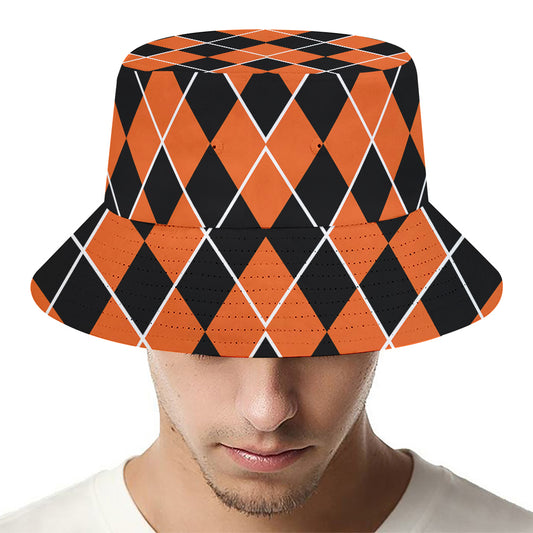 Orange And Black Halloween Argyle Print Bucket Hat