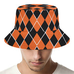 Orange And Black Halloween Argyle Print Bucket Hat