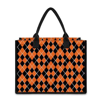 Orange And Black Halloween Argyle Print Canvas Tote Bag