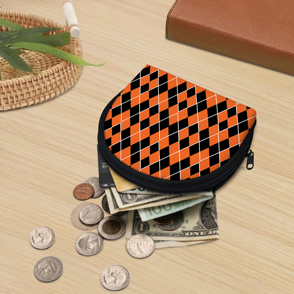Orange And Black Halloween Argyle Print Coin Purse