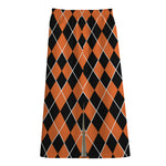 Orange And Black Halloween Argyle Print Cotton Front Slit Maxi Skirt