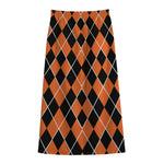 Orange And Black Halloween Argyle Print Cotton Front Slit Maxi Skirt