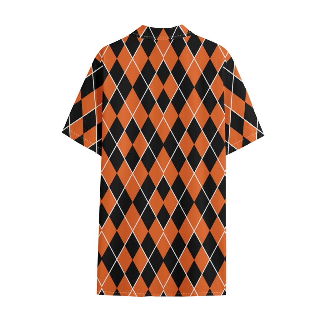 Orange And Black Halloween Argyle Print Cotton Hawaiian Shirt