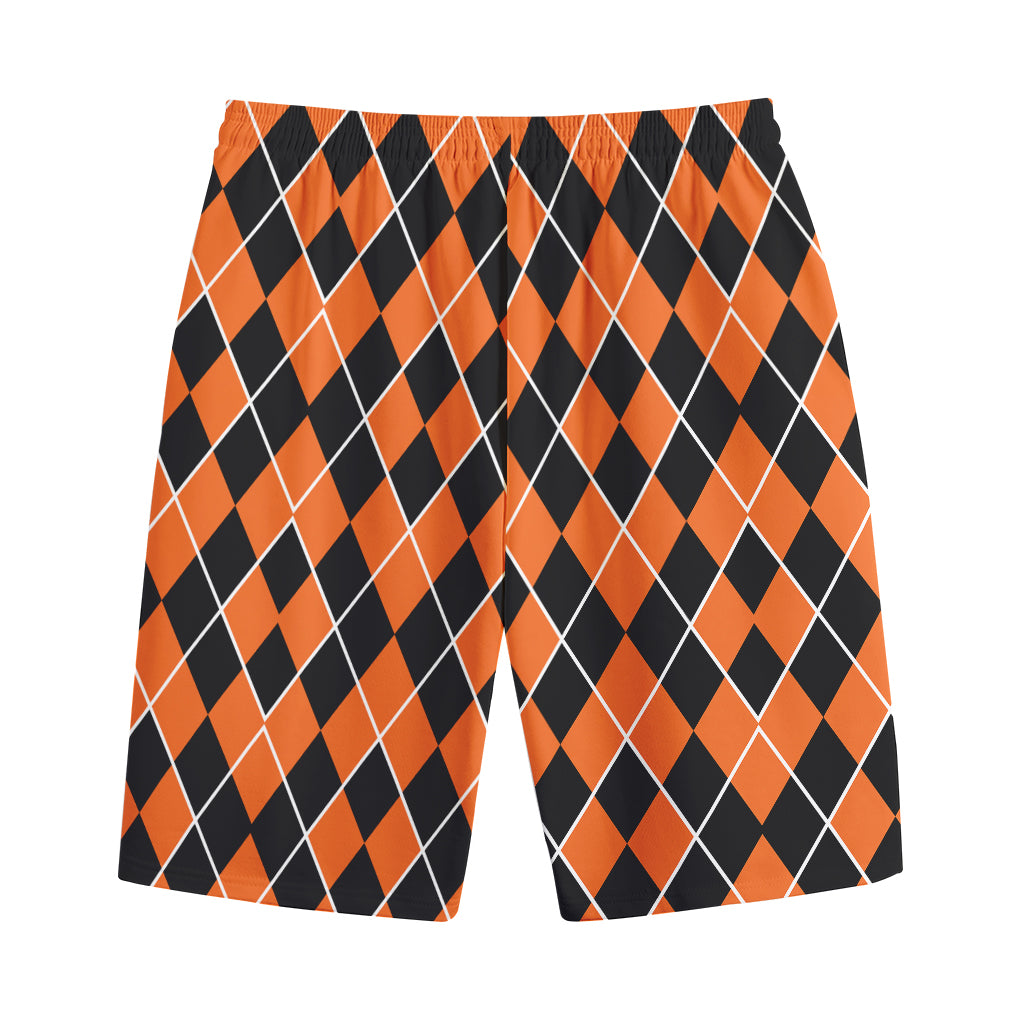 Orange And Black Halloween Argyle Print Cotton Shorts