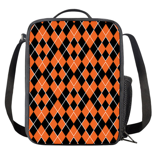 Orange And Black Halloween Argyle Print Crossbody Lunch Bag