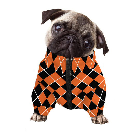 Orange And Black Halloween Argyle Print Dog Zip Up Jacket
