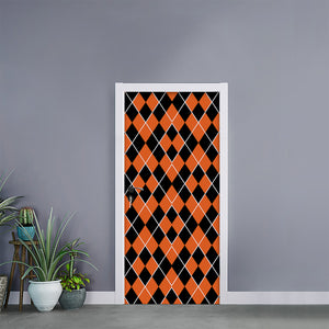 Orange And Black Halloween Argyle Print Door Sticker