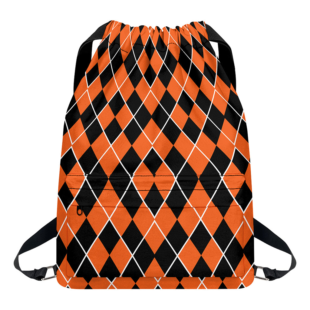 Orange And Black Halloween Argyle Print Drawstring Backpack
