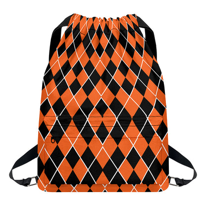Orange And Black Halloween Argyle Print Drawstring Backpack