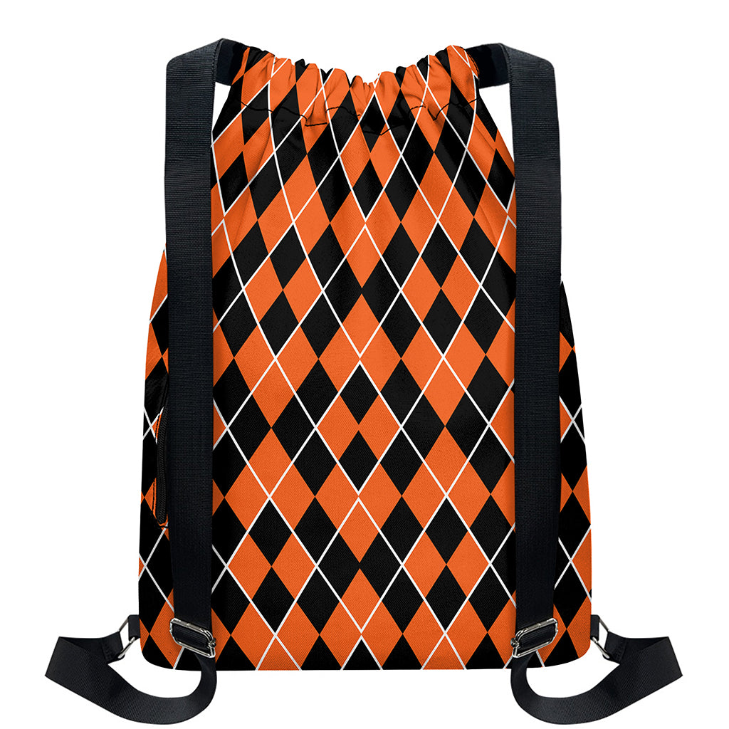 Orange And Black Halloween Argyle Print Drawstring Backpack