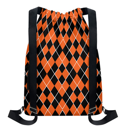 Orange And Black Halloween Argyle Print Drawstring Backpack