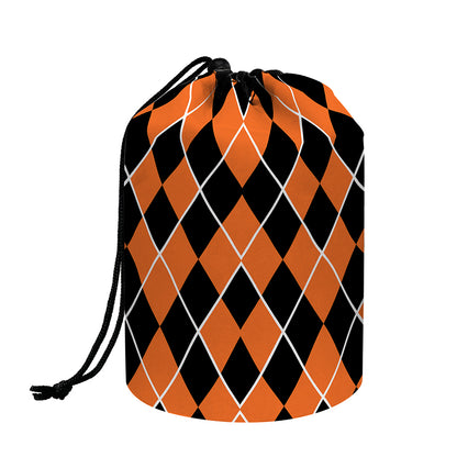 Orange And Black Halloween Argyle Print Drawstring Makeup Bag