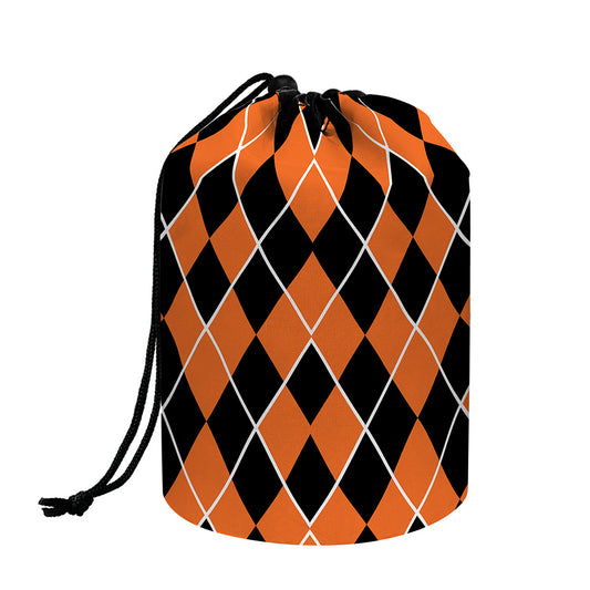 Orange And Black Halloween Argyle Print Drawstring Makeup Bag