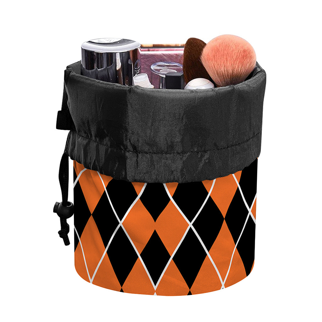 Orange And Black Halloween Argyle Print Drawstring Makeup Bag
