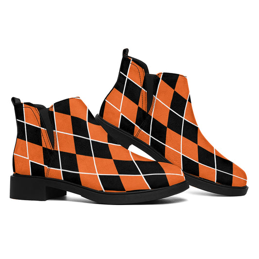 Orange And Black Halloween Argyle Print Flat Ankle Boots
