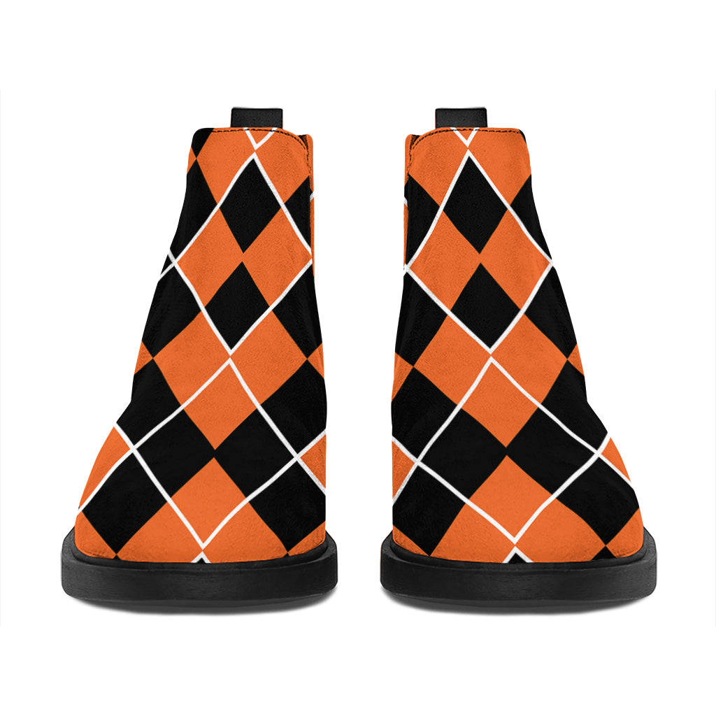 Orange And Black Halloween Argyle Print Flat Ankle Boots