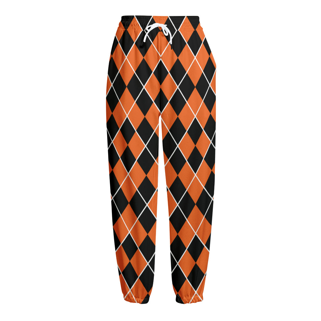 Orange And Black Halloween Argyle Print Fleece Lined Knit Pants