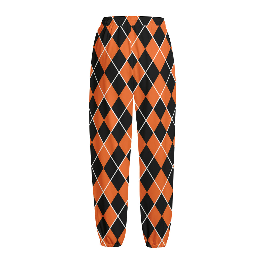 Orange And Black Halloween Argyle Print Fleece Lined Knit Pants
