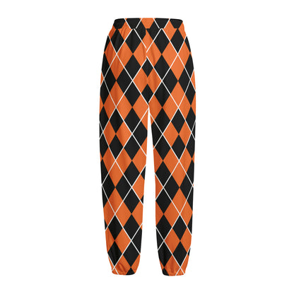 Orange And Black Halloween Argyle Print Fleece Lined Knit Pants