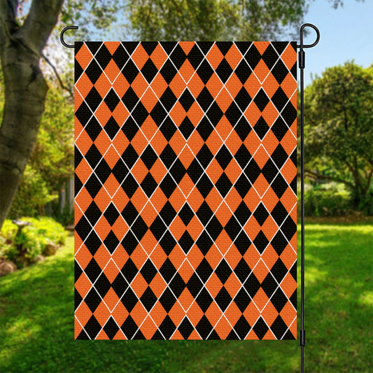 Orange And Black Halloween Argyle Print Garden Flag