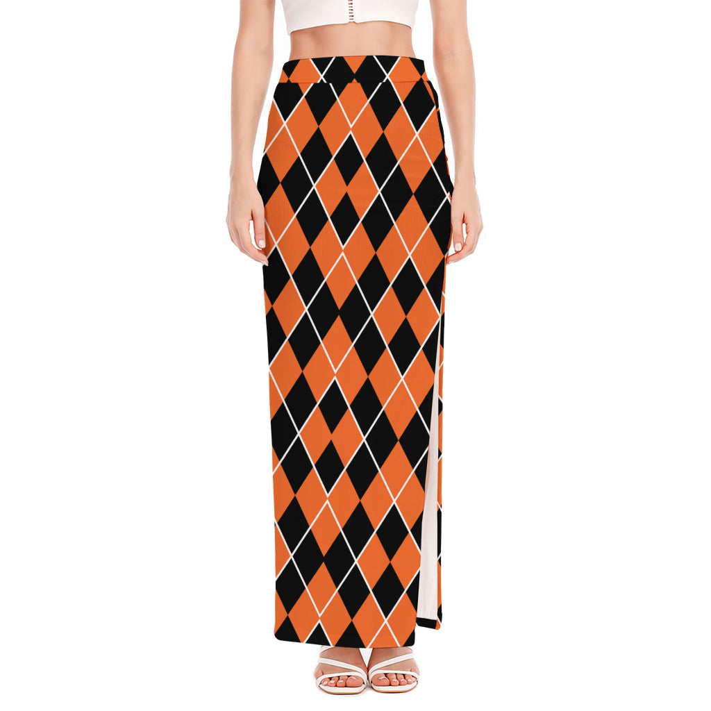 Orange And Black Halloween Argyle Print High Slit Maxi Skirt