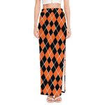 Orange And Black Halloween Argyle Print High Slit Maxi Skirt