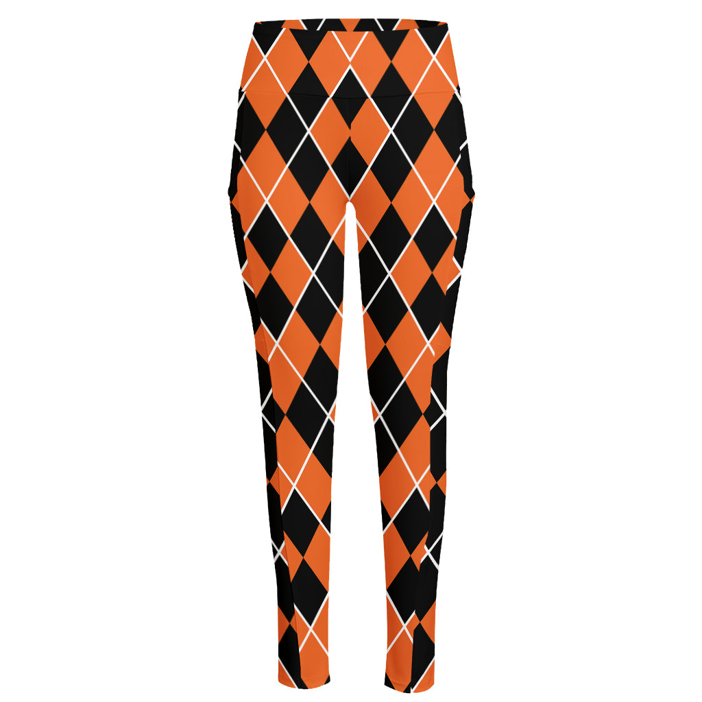 Orange And Black Halloween Argyle Print High-Waisted Pocket Leggings