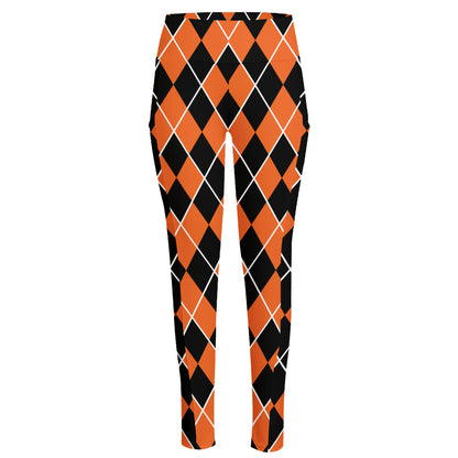 Orange And Black Halloween Argyle Print High-Waisted Pocket Leggings
