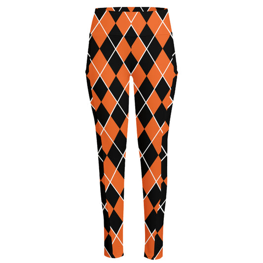 Orange And Black Halloween Argyle Print High-Waisted Pocket Leggings