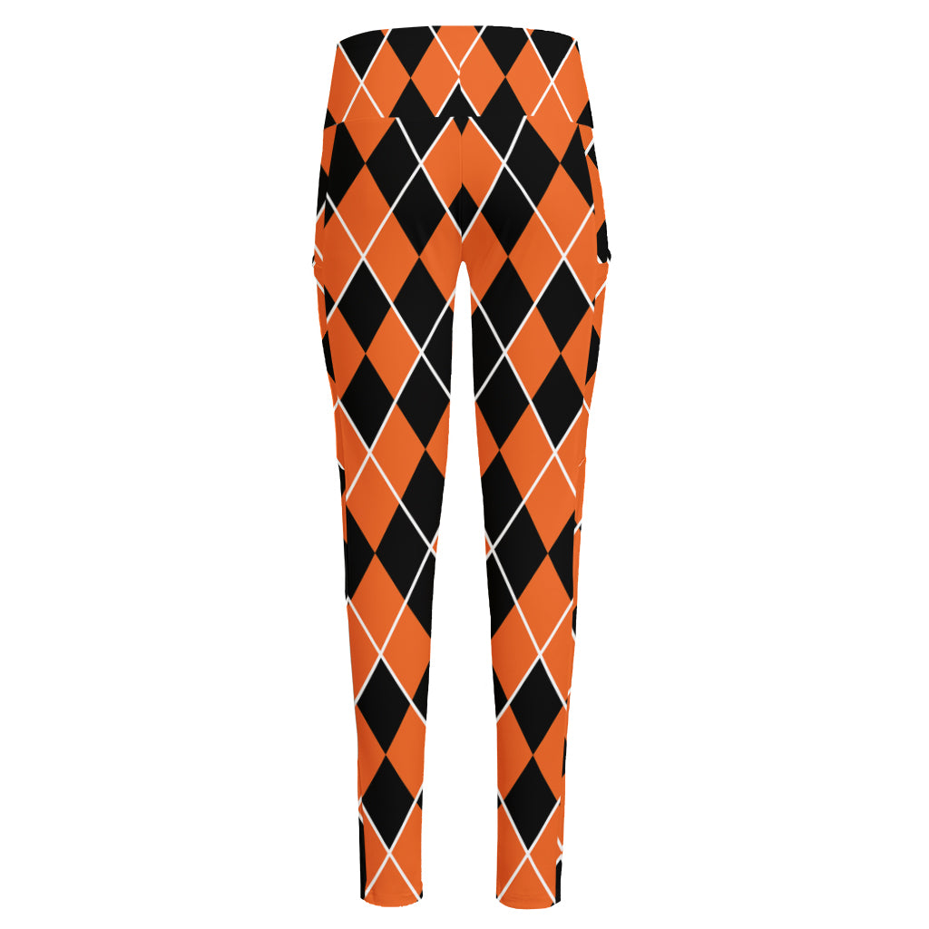 Orange And Black Halloween Argyle Print High-Waisted Pocket Leggings