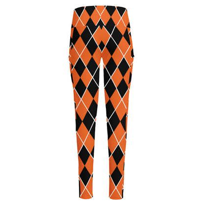 Orange And Black Halloween Argyle Print High-Waisted Pocket Leggings