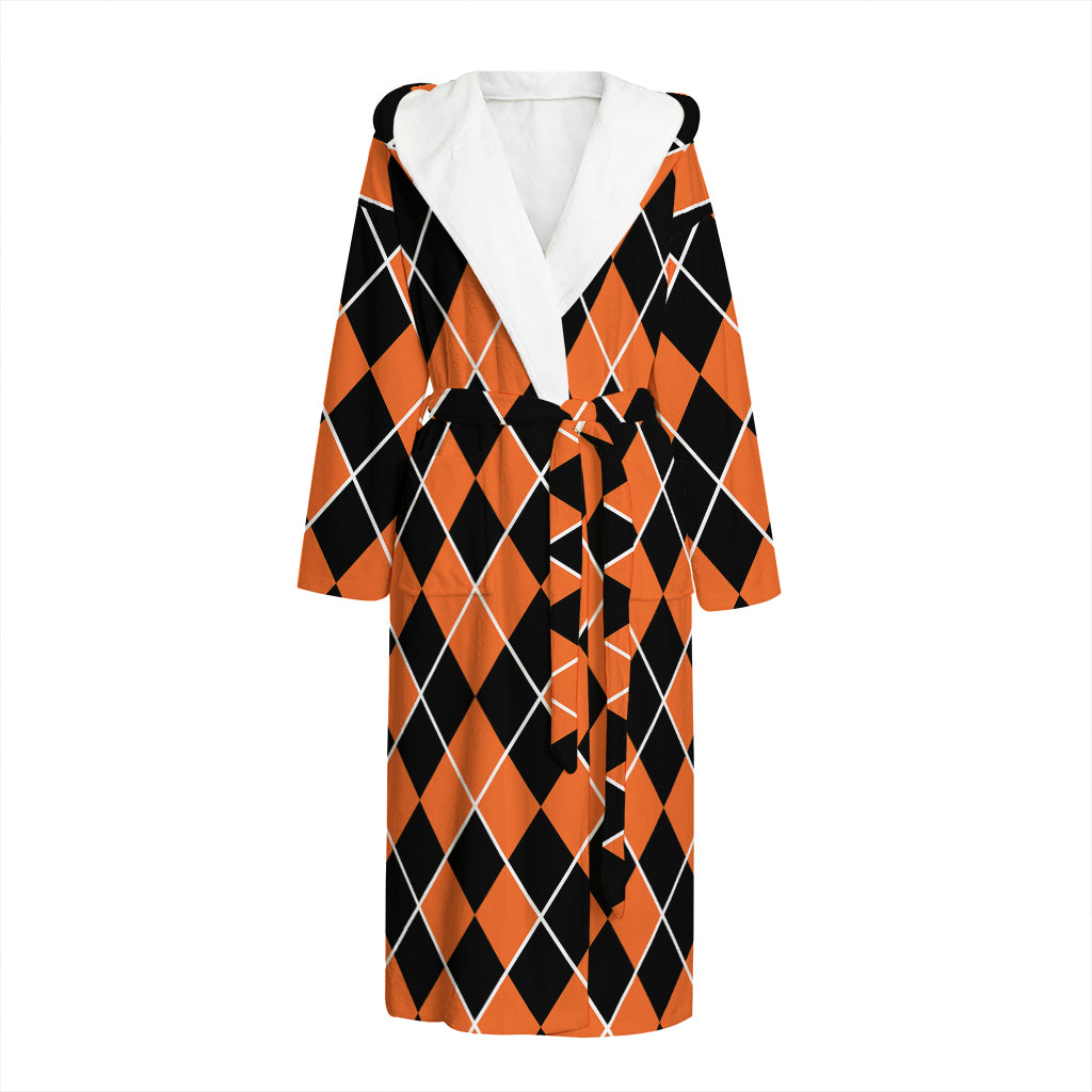 Orange And Black Halloween Argyle Print Hooded Bathrobe