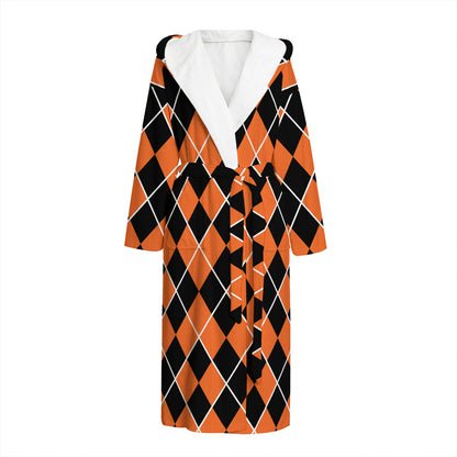 Orange And Black Halloween Argyle Print Hooded Bathrobe